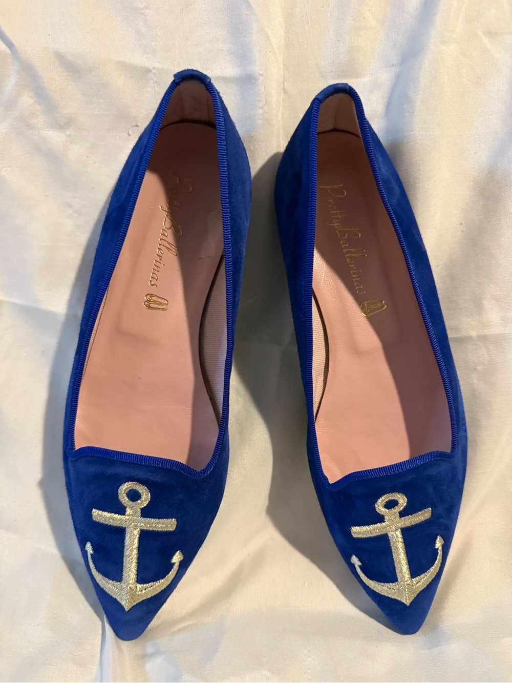 Pretty Ballerinas Slip on Suede Anchor Embroidered Velvet Flats - Blue Size 38